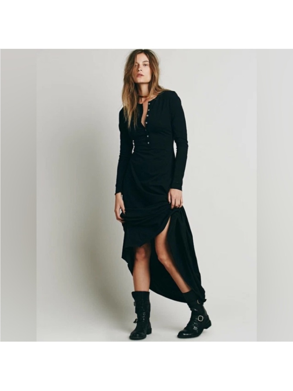 FP Beach Free People El Topo Sweater Maxi Dress Black Small Boho Henley